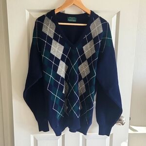 The Scotch House 100% Pure Lambswool Argyle Mens Sweater Made in Scotland Navy